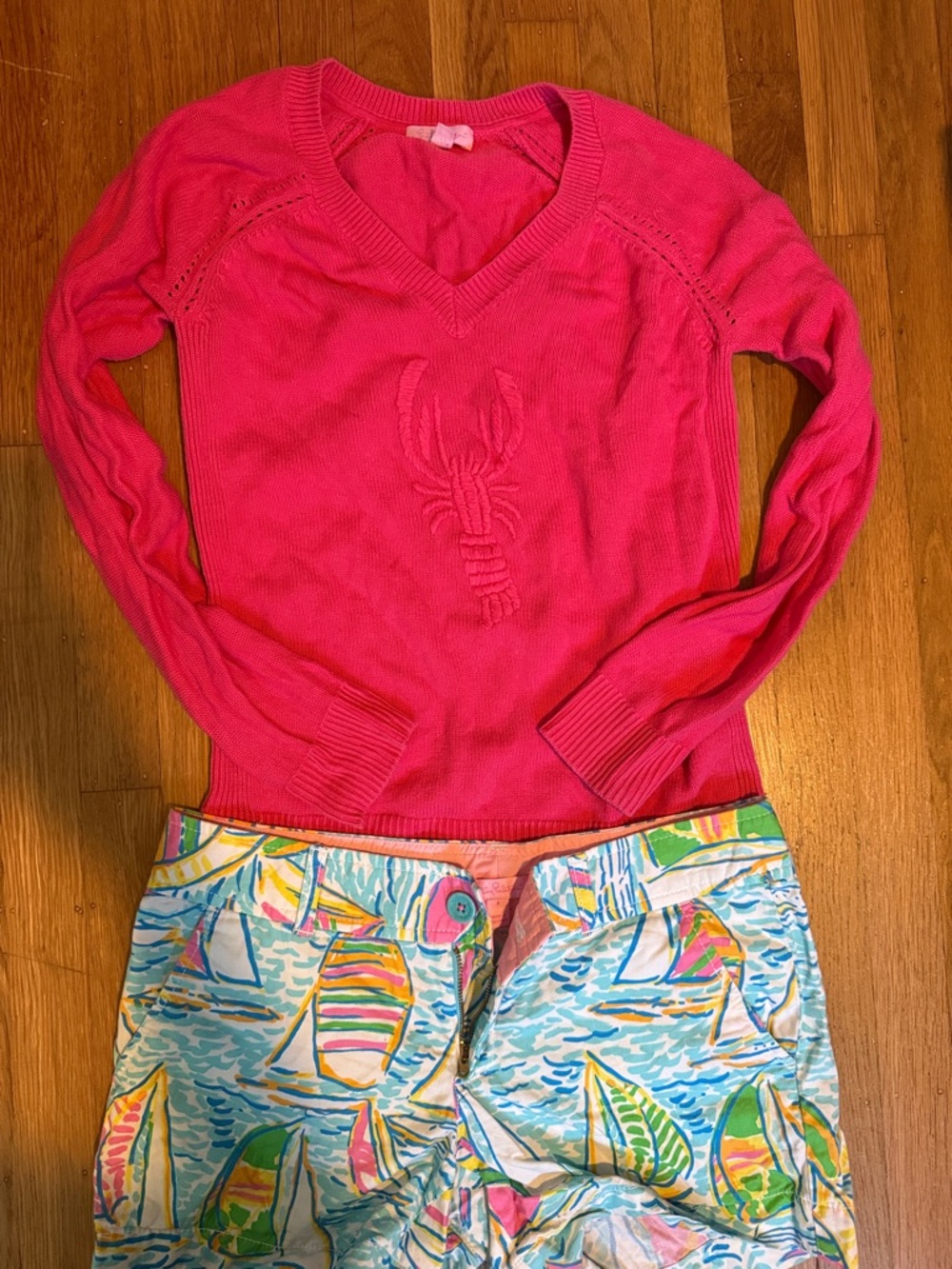 Hot Pink V-Neck Sweater with Lobster Detail